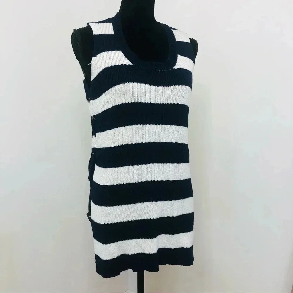 Vintage Women’s Blue White Stripe Cotton Tunic Knit Sweater Tank Side Tie Medium